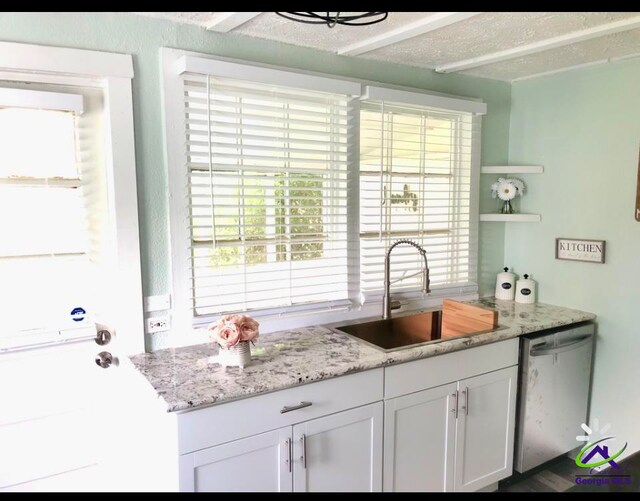 bar featuring stainless steel dishwasher, white cabinets, sink, and plenty of natural light