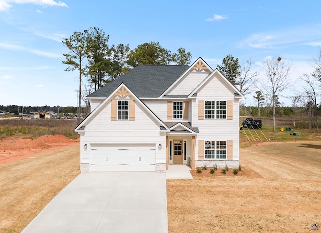 craftsman house featuring an attached garage, stone siding, a front lawn, and concrete driveway