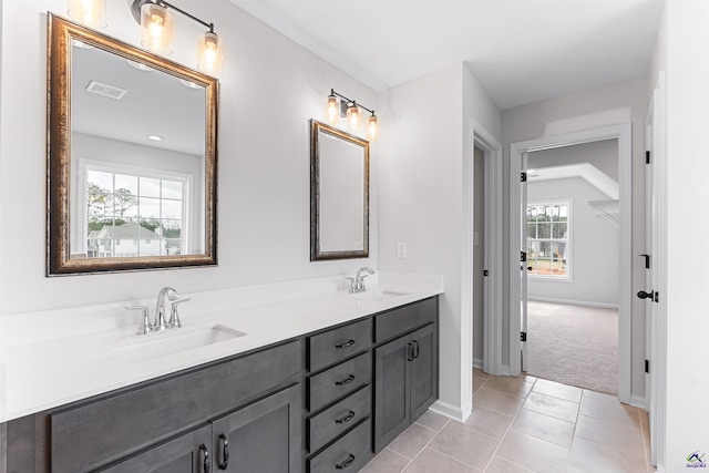 full bathroom featuring tile patterned flooring, visible vents, a sink, and double vanity