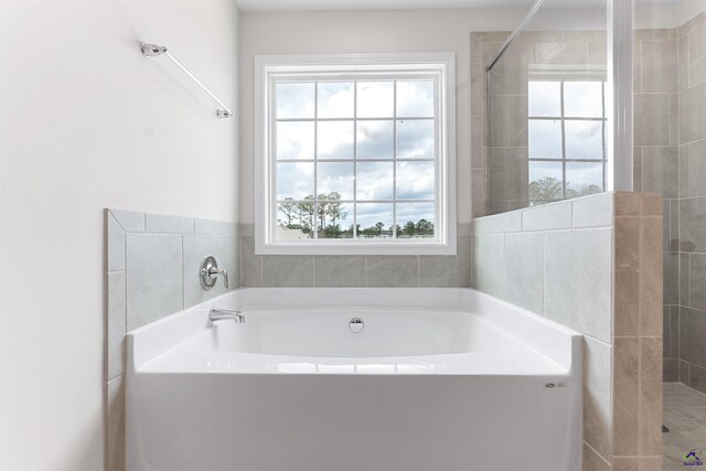 bathroom with a wealth of natural light, a tile shower, and a bath