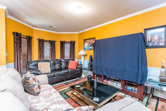 living room with crown molding