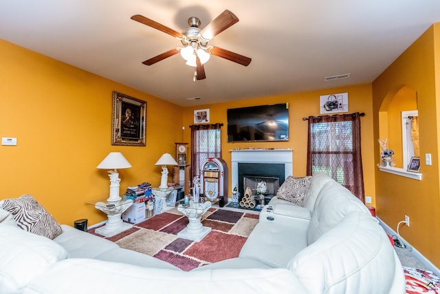 living room with ceiling fan