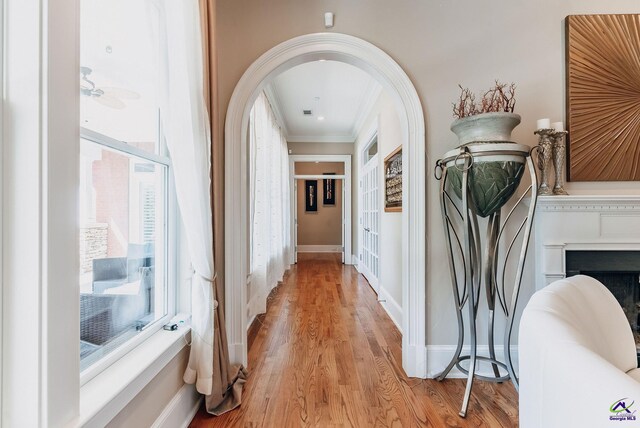 corridor featuring light hardwood / wood-style floors and crown molding