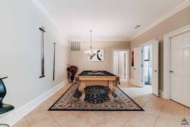 game room with crown molding, light tile patterned floors, pool table, and an inviting chandelier