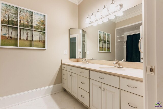 bathroom with vanity, tile patterned floors, ornamental molding, and a shower with curtain