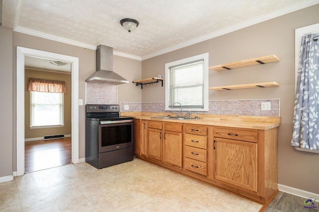 kitchen featuring wall chimney range hood, wooden counters, tasteful backsplash, and stainless steel range with electric cooktop