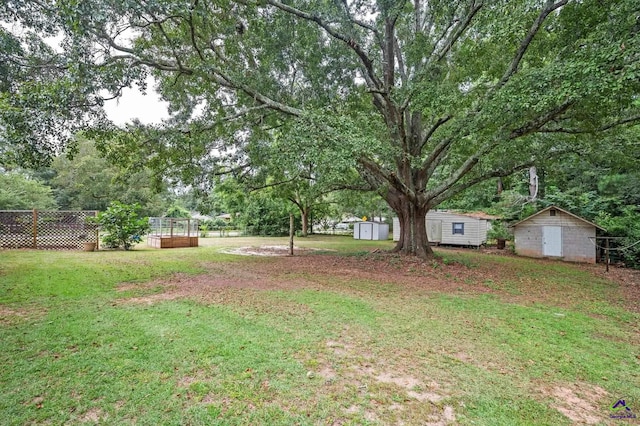 view of yard with a storage shed