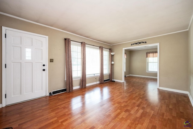 entryway featuring crown molding, wood-type flooring, and a healthy amount of sunlight