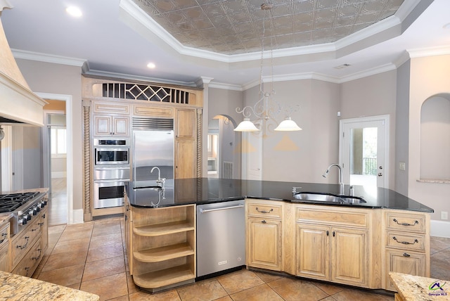 kitchen featuring appliances with stainless steel finishes, sink, a tray ceiling, crown molding, and a center island with sink