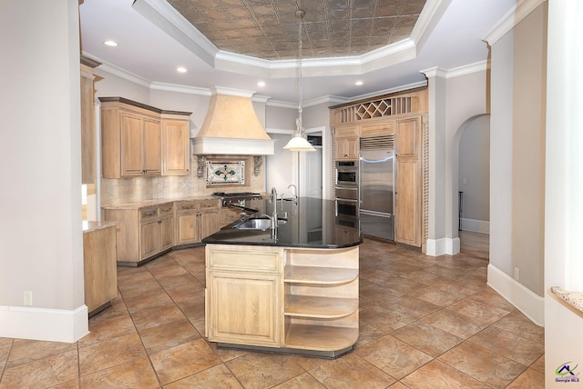 kitchen with ornamental molding, sink, stainless steel appliances, and a raised ceiling