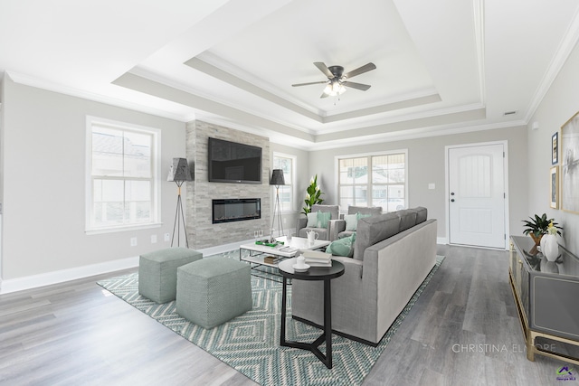 living room featuring dark hardwood / wood-style floors, a tray ceiling, a large fireplace, ornamental molding, and ceiling fan