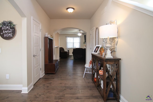 204 Tyndall Way, Perry, GA 31069 - corridor with arched walkways, dark wood-type flooring, and baseboards