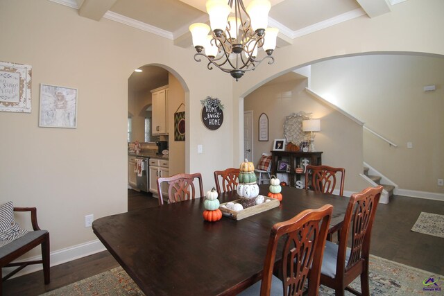 dining space featuring dark wood-type flooring, beam ceiling, and ornamental molding