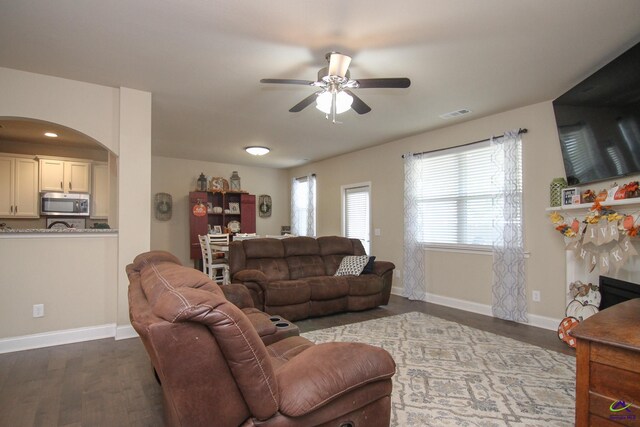 living room with hardwood / wood-style floors and ceiling fan