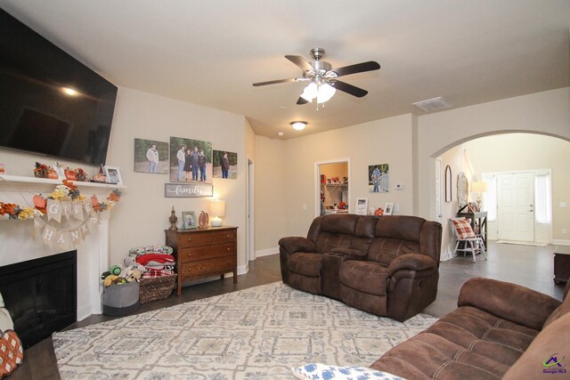 living room with ceiling fan