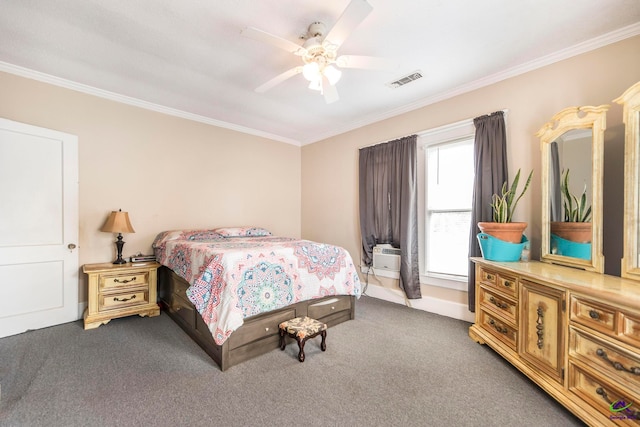 bedroom featuring ceiling fan, ornamental molding, and dark colored carpet