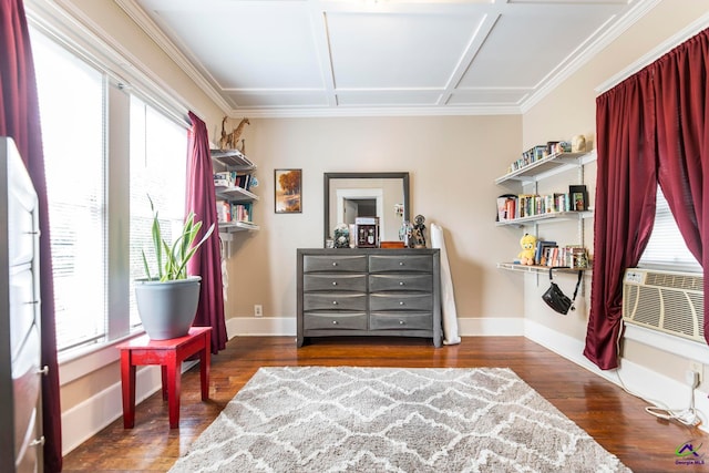 living area with a healthy amount of sunlight, cooling unit, ornamental molding, and dark hardwood / wood-style floors