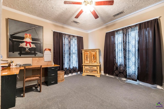 office area featuring crown molding, a textured ceiling, carpet flooring, and ceiling fan