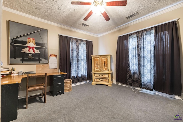 429 N Dooly St, Montezuma, GA 31063 - carpeted office with ceiling fan, a textured ceiling, and ornamental molding