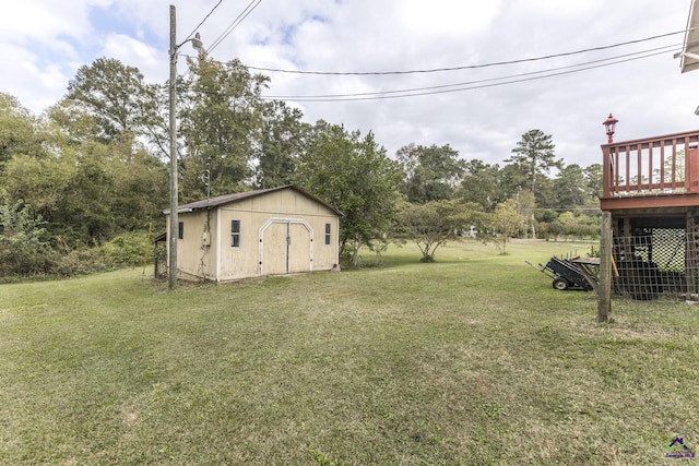 429 N Dooly St, Montezuma, GA 31063 - view of green lawn with a shed, an outbuilding, a wooden deck, and view of wooded area