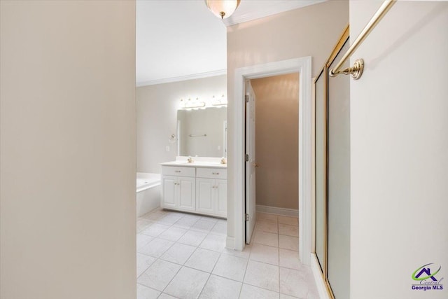 bathroom with plus walk in shower, tile patterned flooring, vanity, and ornamental molding