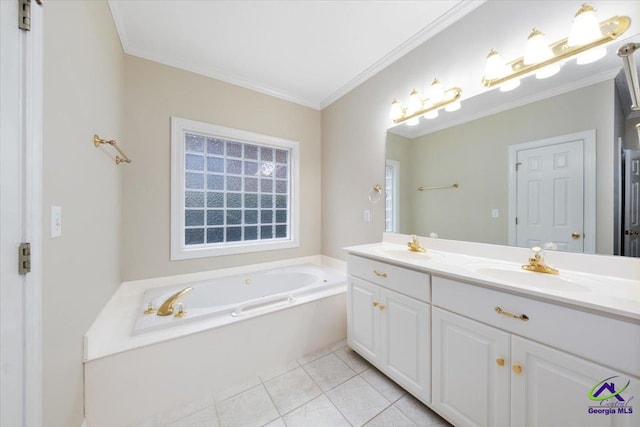 bathroom featuring tile patterned flooring, vanity, a bathing tub, and crown molding