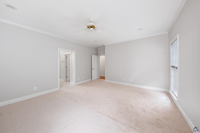 unfurnished bedroom with light carpet, ceiling fan, and crown molding