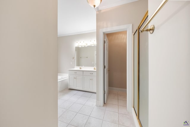 bathroom with tile patterned floors, crown molding, vanity, and separate shower and tub