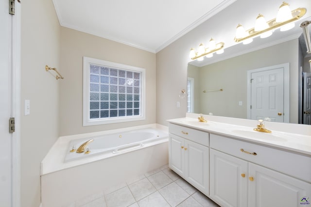 bathroom with tile patterned floors, a washtub, crown molding, and vanity