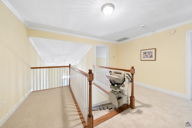 interior space featuring carpet flooring and crown molding