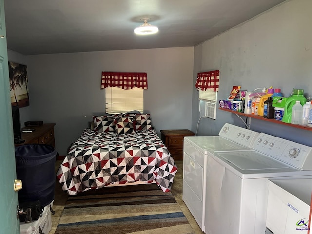 clothes washing area featuring cooling unit, sink, and washing machine and clothes dryer