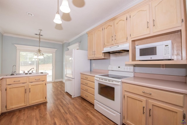 kitchen featuring hanging light fixtures, white appliances, ornamental molding, sink, and light hardwood / wood-style floors