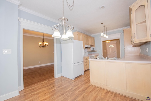 kitchen with light brown cabinets, crown molding, light wood-type flooring, and white appliances