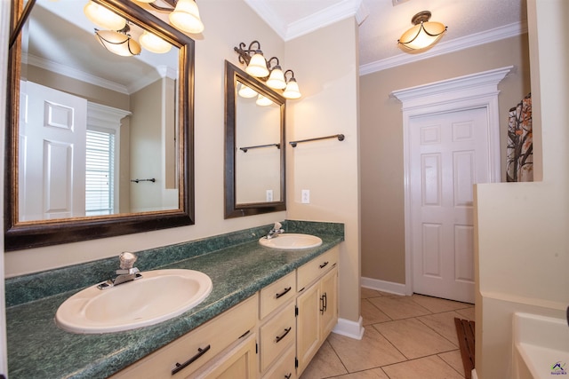 bathroom with vanity, ornamental molding, and tile patterned floors