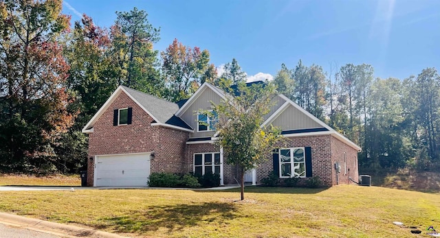 view of front property featuring a garage, central AC, and a front yard