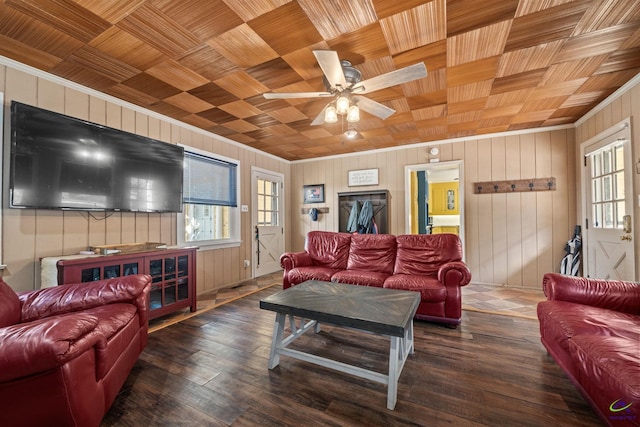 living room with ceiling fan, wood walls, and wooden ceiling