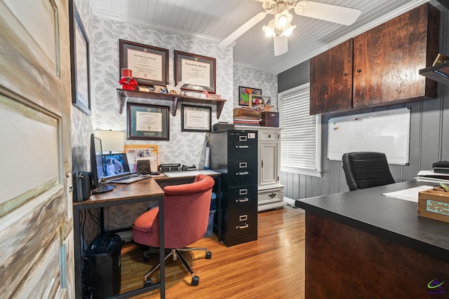 office area with light hardwood / wood-style flooring, ceiling fan, and ornamental molding