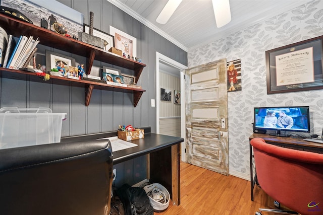 home office with ceiling fan, light hardwood / wood-style floors, and ornamental molding