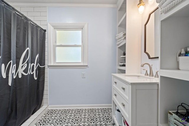 bathroom featuring tile patterned floors, crown molding, vanity, and a shower with shower curtain