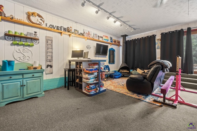 interior space with carpet floors, a textured ceiling, and rail lighting