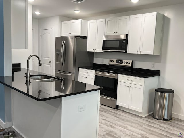 kitchen with stainless steel appliances, light hardwood / wood-style floors, sink, kitchen peninsula, and white cabinets