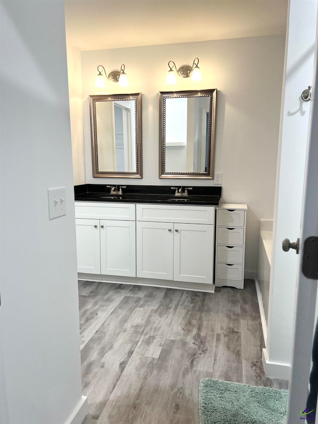 bathroom with vanity and hardwood / wood-style flooring