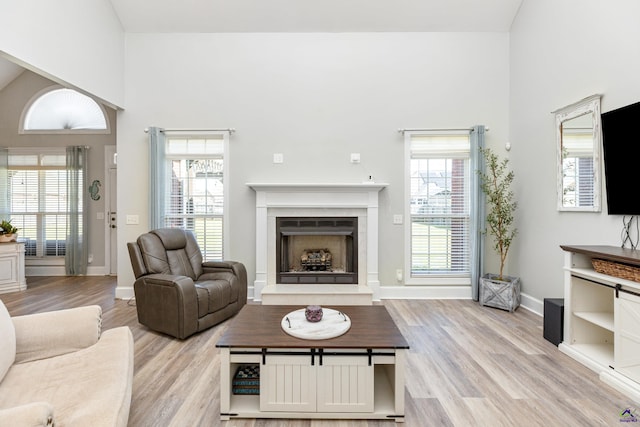 living room featuring high vaulted ceiling and light hardwood / wood-style floors