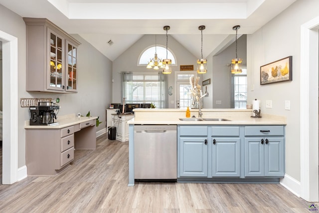 kitchen with light hardwood / wood-style floors, sink, stainless steel dishwasher, lofted ceiling, and pendant lighting