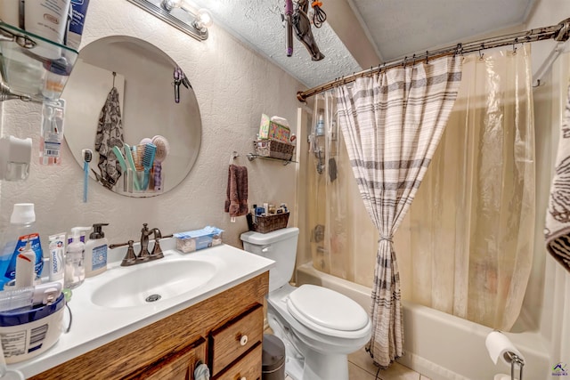 full bathroom featuring tile patterned flooring, a textured ceiling, vanity, shower / bath combo, and toilet