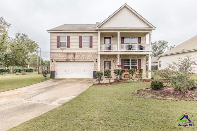 view of front of property featuring a garage, a porch, and a front lawn