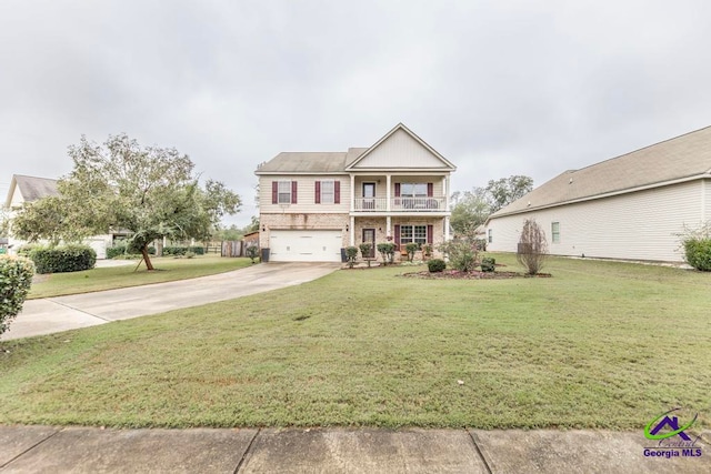 view of front of property with a garage, a front lawn, and a balcony