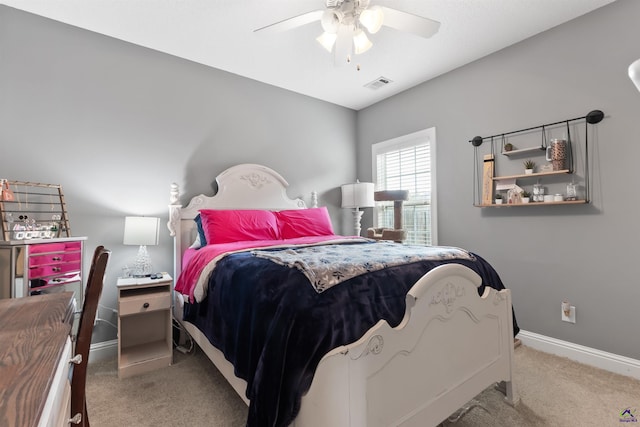 bedroom with light colored carpet and ceiling fan