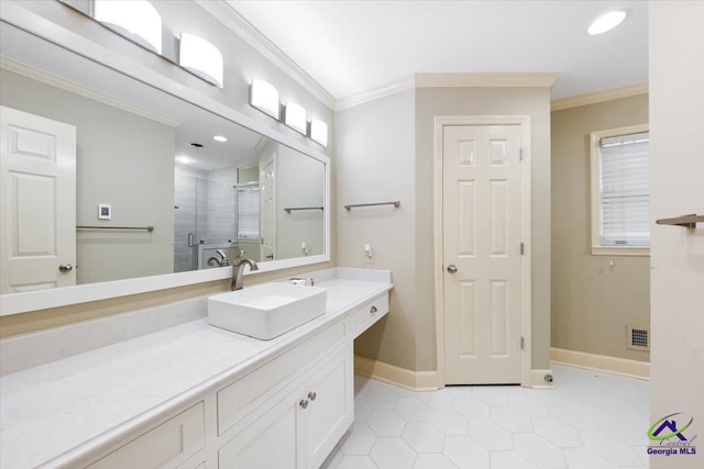 bathroom featuring walk in shower, tile patterned flooring, vanity, and crown molding