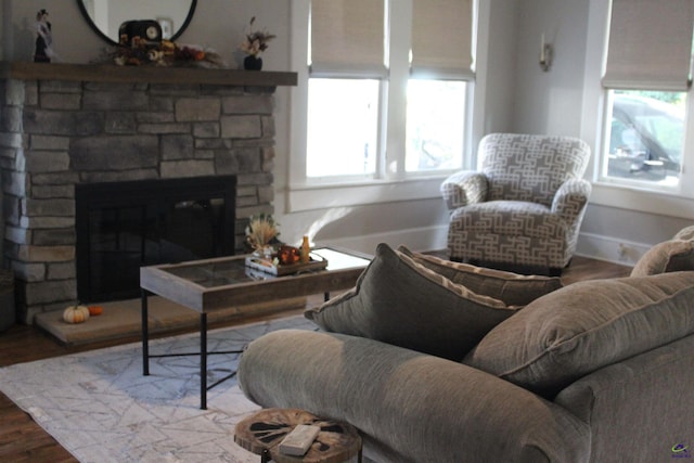 living room featuring hardwood / wood-style floors and a stone fireplace